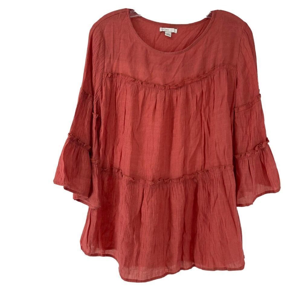 Bohemian Top Coral Tiered Ruffle Bell Sleeve 3/4 Sleeve Cato Size S Lightweight